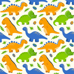 Seamless pattern with cute cartoon dinosaurs and eggs. Kids background with hand-drawn dinos and green palm leaves. Vector wallpaper for children.