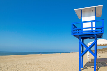 Lifeguard post on the beach of Casita Azul in Isla Cristina, Huelva, Andalusia, Spain