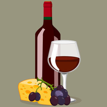 a glass glass and a bottle of wine cheese and grapes