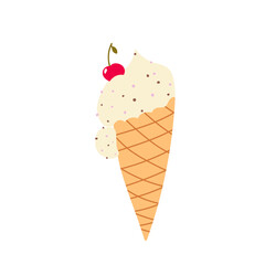 ice cream in a waffle cone. creamy popsicles with cherries. summer sweets and candies. flat cartoon style. stock vector illustration isolated on white background.