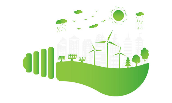 Silhouette green city with renewable energy sources. Ecological city and environment conservation. Green city inside the electric bulb.