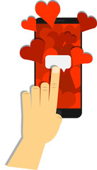 Hand holding a phone with red hearts. Tap the notification.