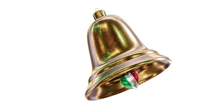 Realistic looping 3D animation of the fancy golden textured Christmas bell with Italy national flag bell clapper rendered in UHD with alpha matte