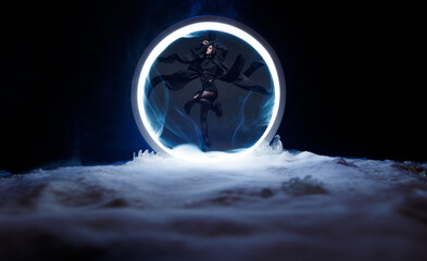 Beautiful woman in flowing futuristic dress. Round mystical portal. Neon geometric circle on dark...