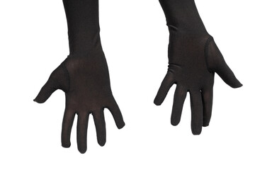 Woman in long black gloves wanting or asking for something isolated on a white background .