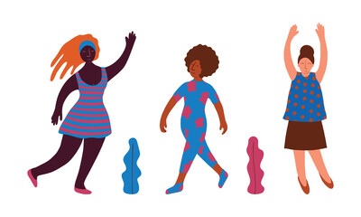 Diverse Woman Standing with Raised Hands Showing Self Confidence Vector Set