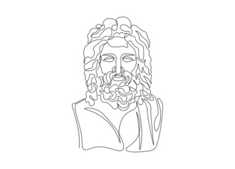 One line drawing sketch Zeus sculpture. Greece mythology statue hand drawn continuous line, ancient greek god. Modern vector art