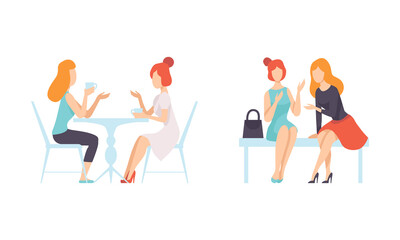 Female Friend Spending Time Together Sitting at Cafe Table and Bench Gossiping Vector Set
