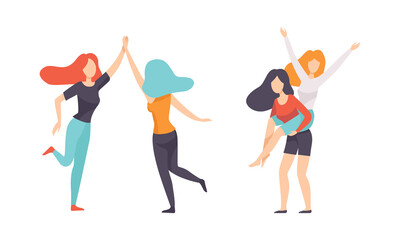 Female Friend Spending Time Together Giving High Five Vector Set