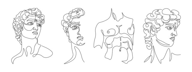 One line greece mythology sculptures. Ancient greek statues hand drawn single continuous line, David head torso. Modern vector art
