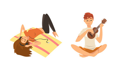 Man Playing Ukulele and Woman Lying on Carpet Listening to Music in Headphones Staying Home Vector Set