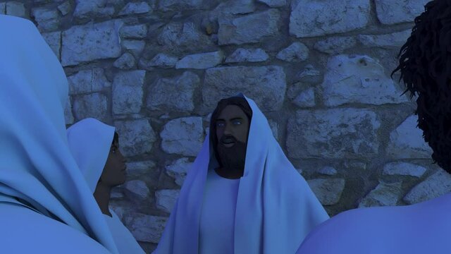 3D render Jesus Christ speaking with Mary Magdalene and his disciples at night, rigth view