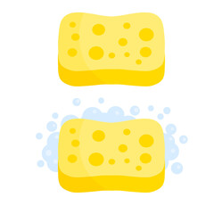 Sponge with foam. Yellow tool for cleaning. Detergent with soap