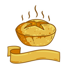 Bread. Hot Hand drawn loaf. Retro Icon of the bakery. Food made from wheat and a gold ribbon for text. Farm natural product.