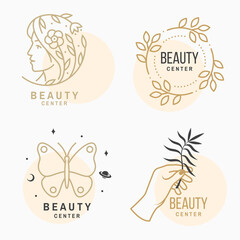 Set of Beauty center emblem with woman face and flower with leafs. Beauty center label, badge, sign for cosmetics, jewellery, beauty, handmade products, tattoo studios. Linear trendy style. Vector