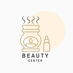 Beauty center with ceramic candle aroma oil lamp for logo, label, badge, sign, emblem. Set for cosmetics, jewellery, beauty and handmade products, tattoo studios. Linear trendy style. Vector