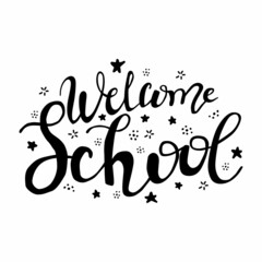 Welcome back to school brush lettering poster, banner, postcard design, vector illustration isolated on white background. Hand written welcome back to school poster, banner, card