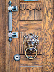 A brown wooden door with beautiful bronze retro style carved lion head handle knocker