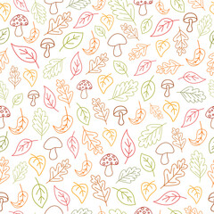 Fototapeta na wymiar autumn seamless texture, colorful leaves and mushrooms