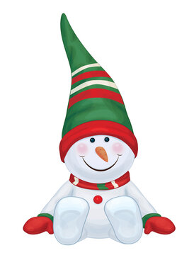 Vector sitting snowman cartoon. Cute snowman for winter holidays.