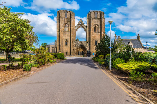A view up a road leading to the front section of the ruins of Elgin Cathedral, Scotland on a summers day