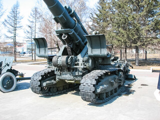 Museum of military equipment in the open air in the park of city of Krasnoyarsk.
