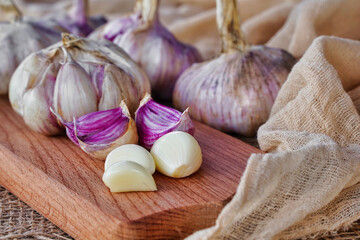 Whole heads of garlic and cloves of garlic in a wooden bowl closeup. Harvest garlic.