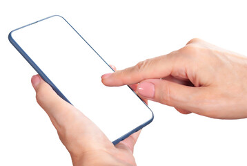 Smartphone in women's hand isolated on white background. Mock up of using of communication device and gadgets