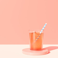 Drink in glass with ice and straw on beige background, 3d render