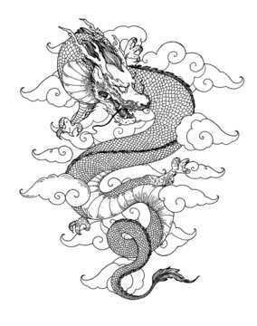 Chinese red dragon with clouds hand drawn vector illustration. Tattoo print. Hand drawn sketch illustration for t-shirt print, fabric and other uses.