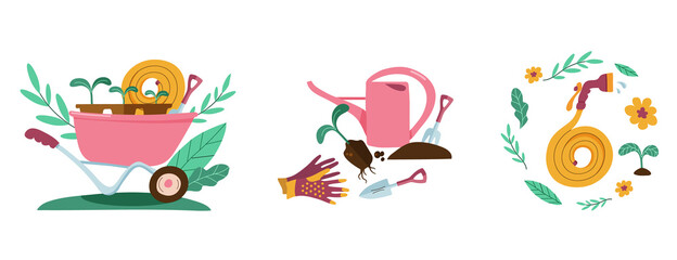 The concept of gardening tools and gardening equipment. Vector illustration of items for gardening.