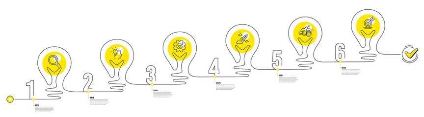 Business Infographic timeline with 6 steps. Lightbulb journey path infographics. Workflow process diagram with Research Idea, Working, Money earn and Goal target line icons. Vector