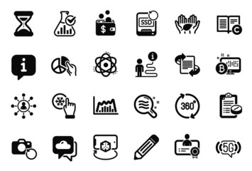 Vector Set of Science icons related to Bitcoin system, Copyright and Recovery photo icons. Weather forecast, 360 degrees and Time signs. Networking, Skin condition and Marketing. Atom. Vector
