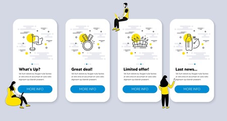 Vector Set of Sports icons related to Honor, Flag and Arena stadium icons. UI phone app screens with people. Fitness water line symbols. Medal, Success flag, Sport complex. Drink bottle. Vector