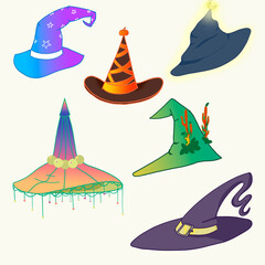 A bitmap image, a pattern of magic hats. Congratulations for Halloween. Suitable for postcards, prints, advertising, banners, backgrounds, greetings.