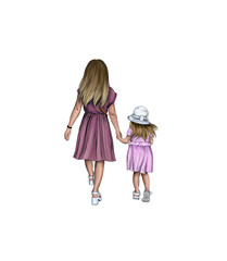 Mom and daughter in pink dresses isolated on a white background. Motherhood. Mother's day. Baby. Walk. Hand-drawn illustration