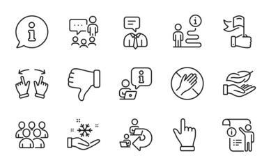 People icons set. Included icon as Delegate work, Freezing, Group signs. Dont touch, Move gesture, Lightweight symbols. Manual doc, Leadership, Click hand. People chatting, Dislike hand. Vector