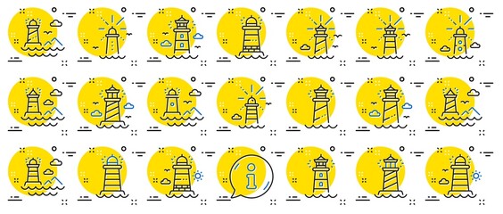 Lighthouse line icons. Searchlight tower with seagull for marine navigation of ships. Sea pharos, lighthouse or beacon icons. Ocean waves, nautical building, marine house. Info center bubble. Vector