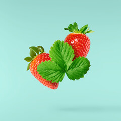 Fresh raw ripe strawberry with green leaves falling in the air, food levitation