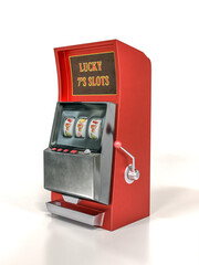 Red slot machine with lucky 777 numbers on white