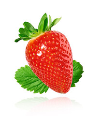 Fresh raw ripe strawberry with green leaves falling in the air, food levitation