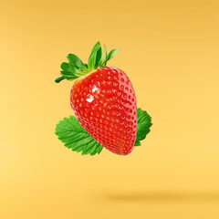 Fresh raw ripe strawberry with green leaves falling in the air, food levitation
