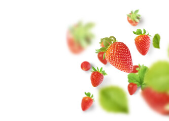 Fresh raw ripe strawberry with green leaves falling in the air, food levitation