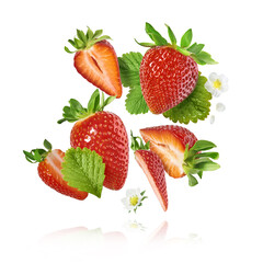 Fresh raw ripe strawberry with green leaves falling in the air, food levitation