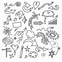 Fototapeta premium Vector doodle elements set, black on a white background. Arrows, heart, love, star, items for conceptual design.