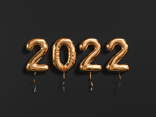 New year 2019 celebration. Gold foil balloons numeral 2019 and on black wall background. 3D rendering