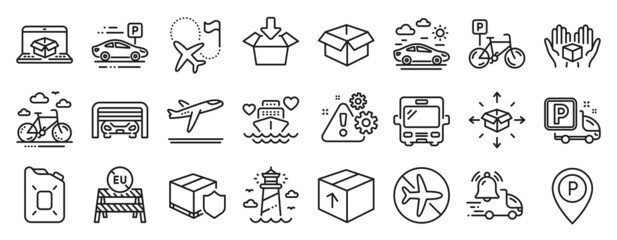Set of Transportation icons, such as Bus, Departure plane, Delivery notification icons. Opened box, Truck parking, Parking garage signs. Canister oil, Package, Destination flag. Get box. Vector