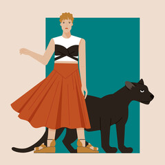 Girl in red skirt near the panther on a background of green rectangle. Stylish illustration in flat style for printing. Fashion image with an animal.