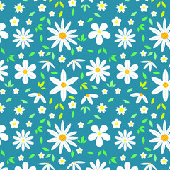 Obraz premium Cute daisy seamless pattern with ditsy and leaves on dark blue background. for scrapbook, textile, greeting cards, surface texture, wedding, gift wrap 