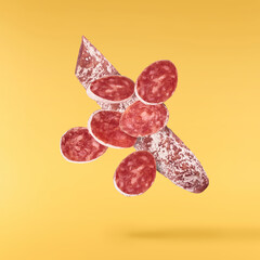 Fresh sausage falling in the air
